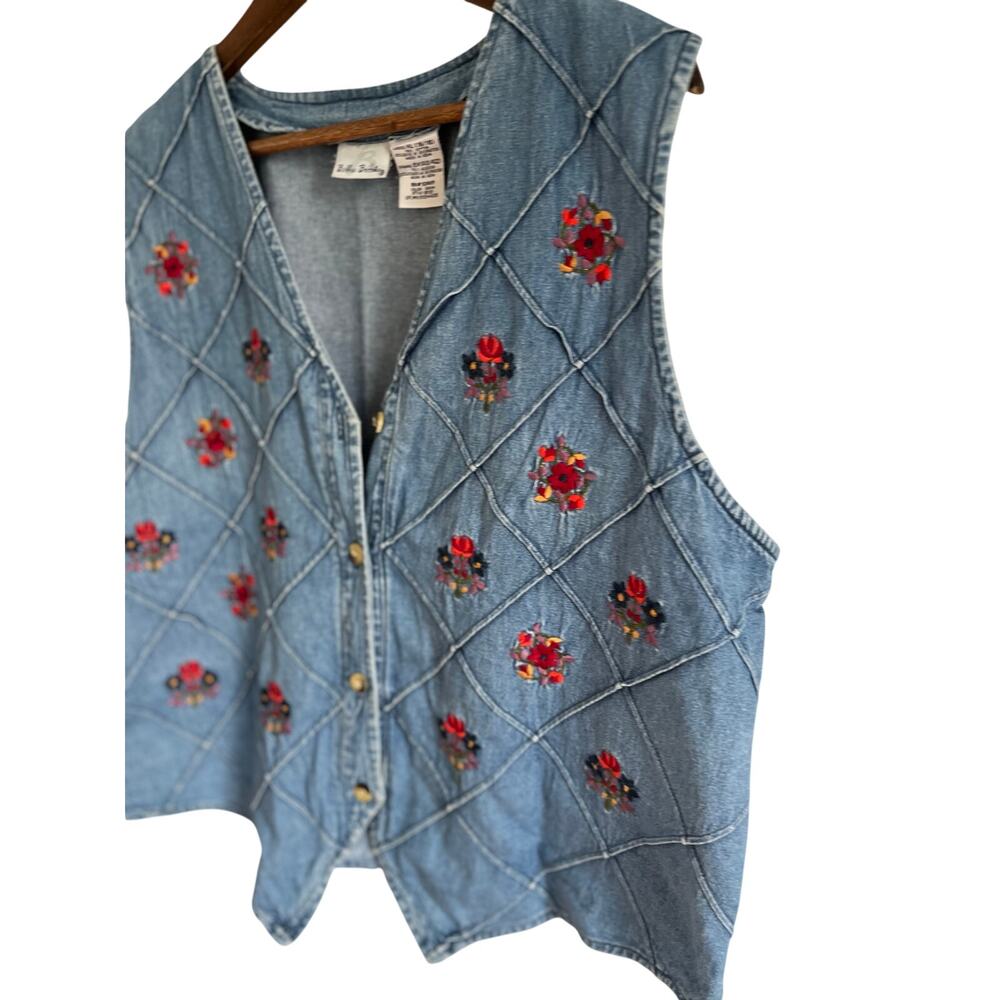 Vintage 90s Mom Embroidered Flowers Denim Vest Cottage Granny Fairy